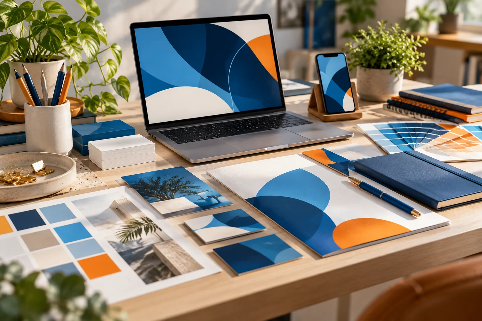 Pantalla y celular con propuestas visuales para presencia web
