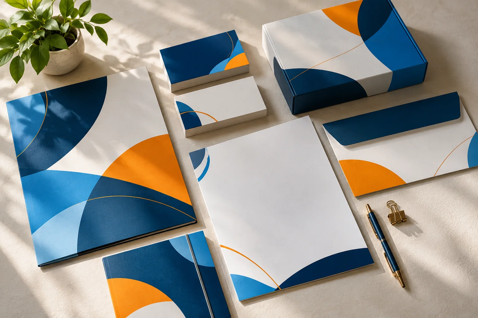 Papelería e identidad visual corporativa en azul y naranja