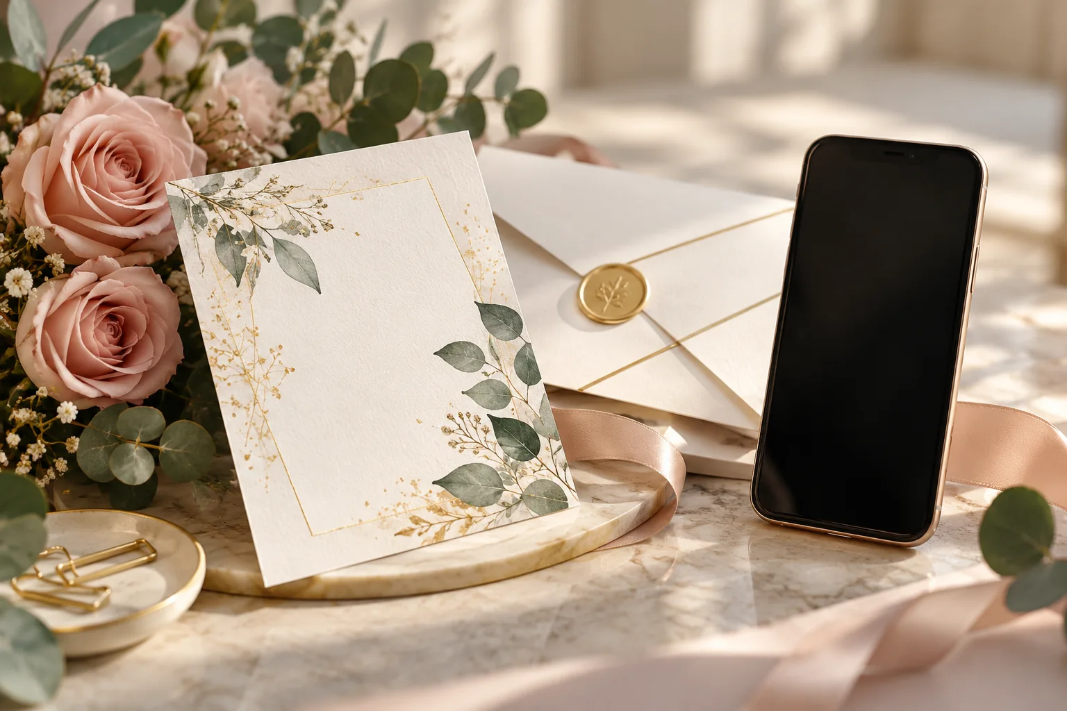 Escena conceptual de invitaciones elegantes con flores, sobre y teléfono móvil